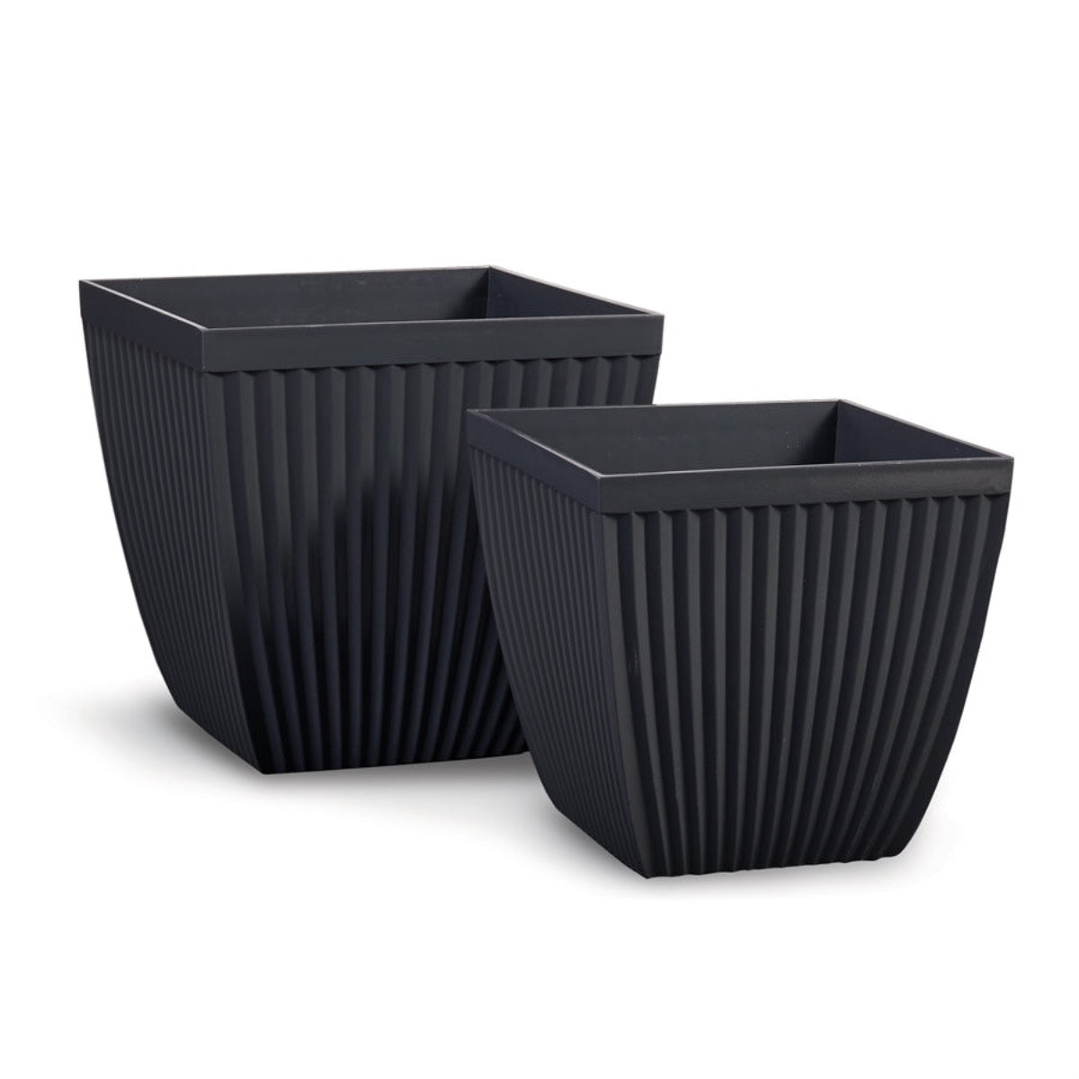Glazelite Ribbed Square Outdoor Pots - Black. Front view.