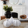 Golden Euonomyous Bush styled in a black jar with white gourds. Styled view.