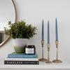 Golden Euonomyous Bush styled in a green pot with books, candles and candlesticks. Styled view.