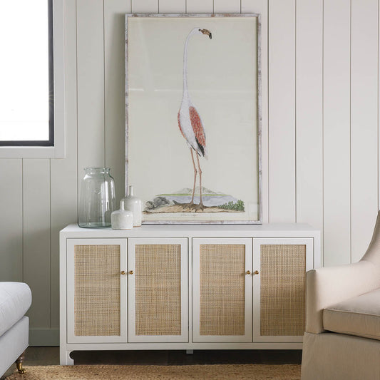 Greater Flamingo Print styled in a neutral living room on a white console table. Styled view.