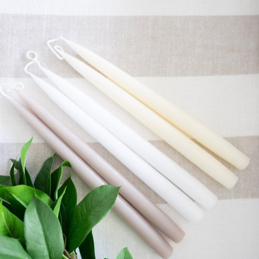 Hand-Dipped Danish Tapers - Linen styled with candles and greenery. Styled view.