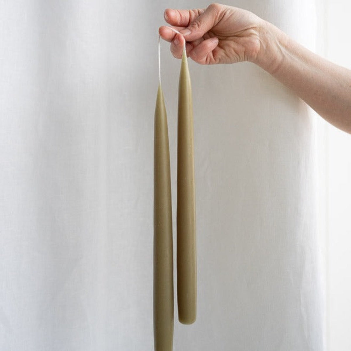 Hand-Dipped Danish Tapers - Olive. Detail view.