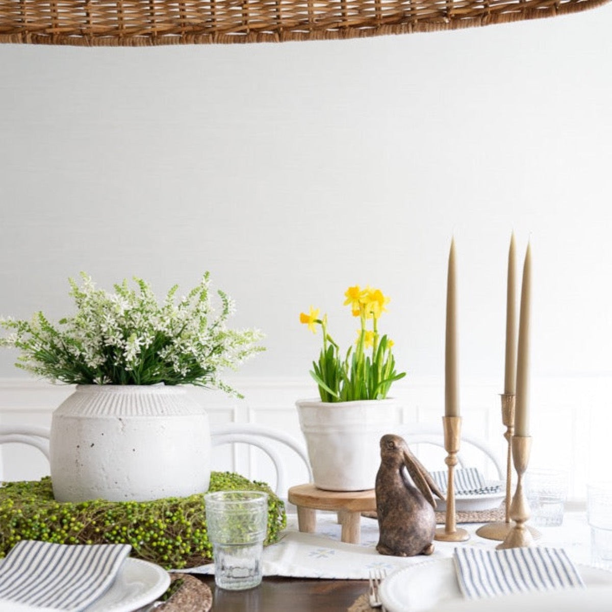 Hand-Dipped Danish Tapers - Olive styled on a spring dining table. Styled view.