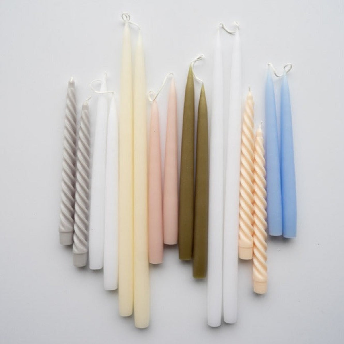 Hand-Dipped Danish Tapers - Olive styled with candles. Styled view.
