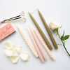 Hand-Dipped Danish Tapers - Olive styled with candles and matches. Styled view.