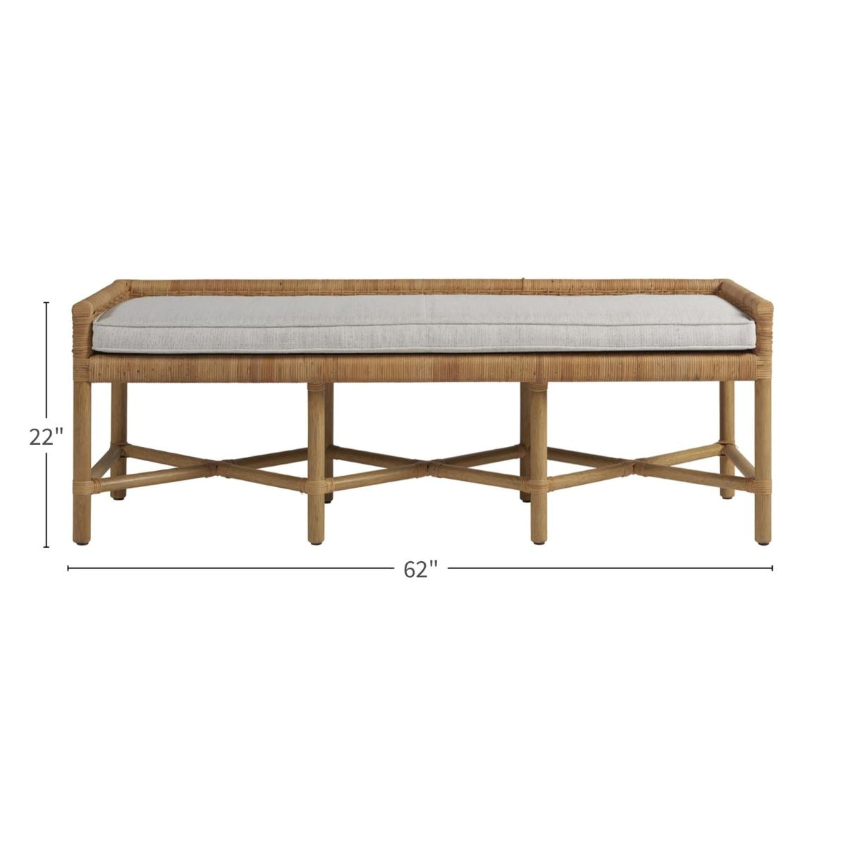Heidi Bench with dimensions. 62" L x 22" H. Dimension view.