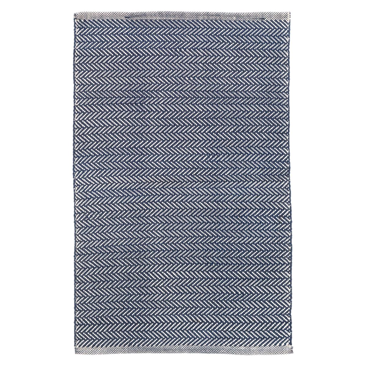 Herringbone Indigo/White Indoor/Outdoor Rug. Top view.