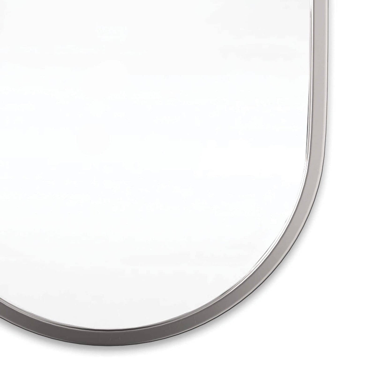 Josie Mirror bottom right corner detail Polished Nickel. Detail view.