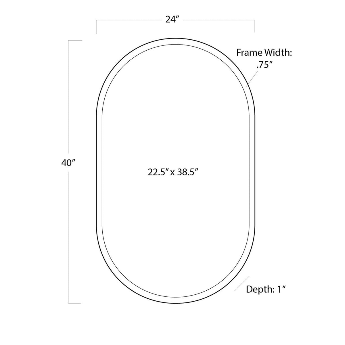 Josie Mirror with dimensions. Dimension view.