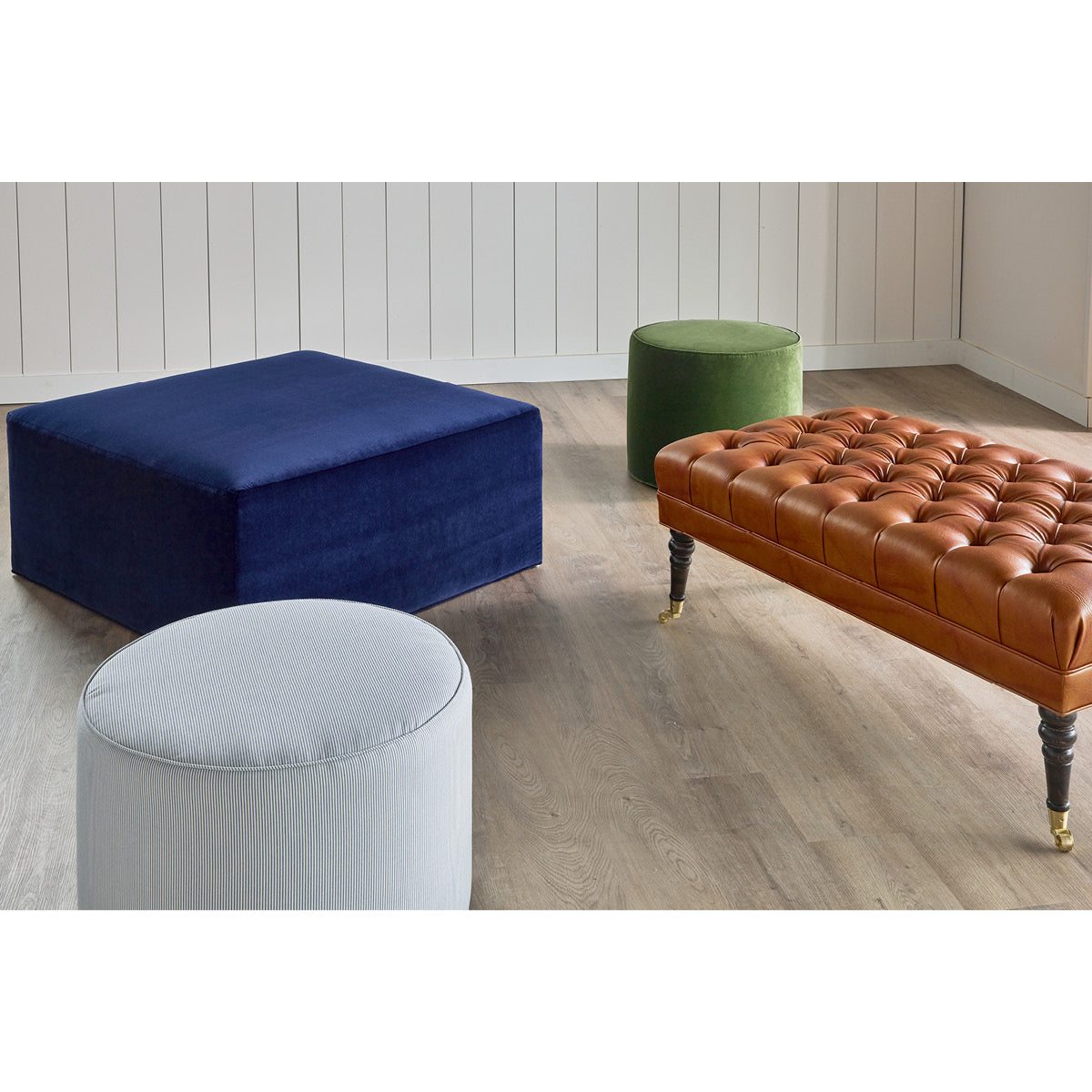 Kate Ottoman styled with ottomans. Styled view.