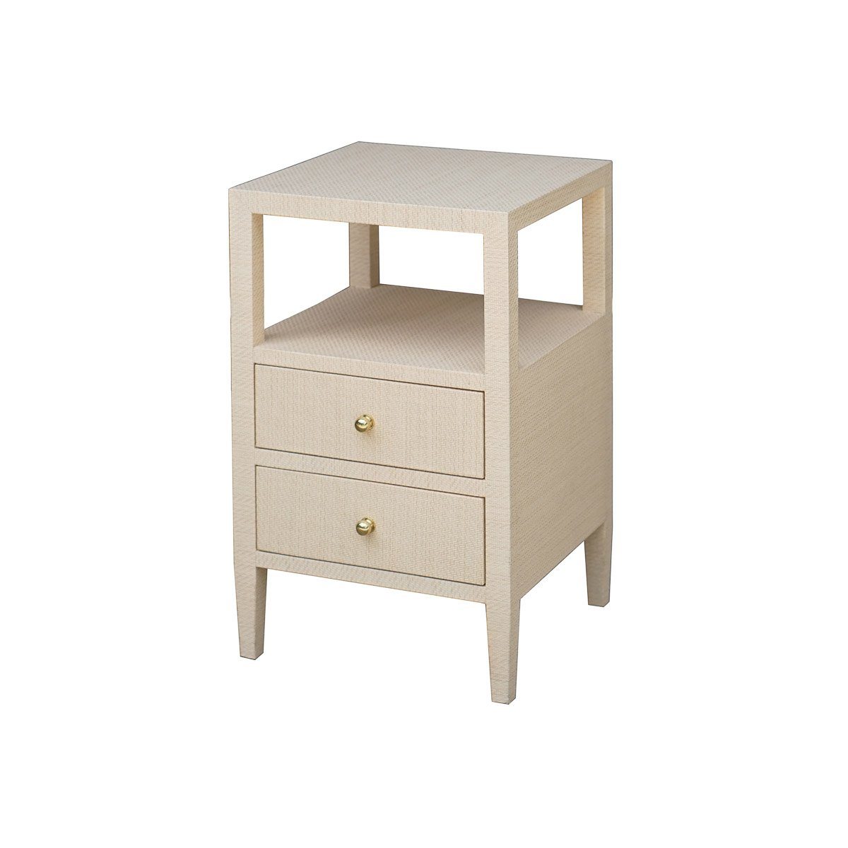 Kate Side Table Natural Grasscloth | Polished Brass. Left angle view.