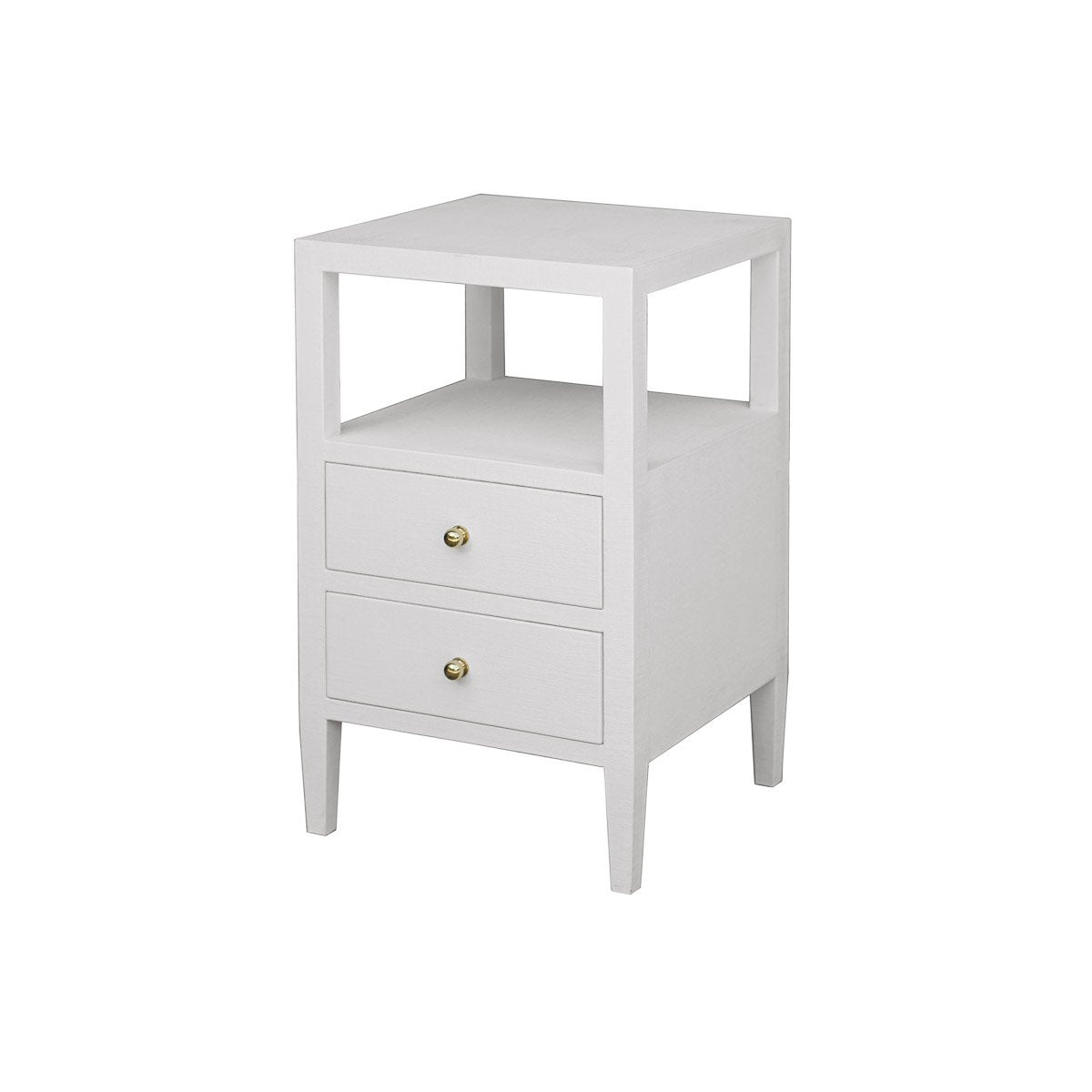 Kate Side Table Natural Grasscloth | Polished Brass. Left angle view.