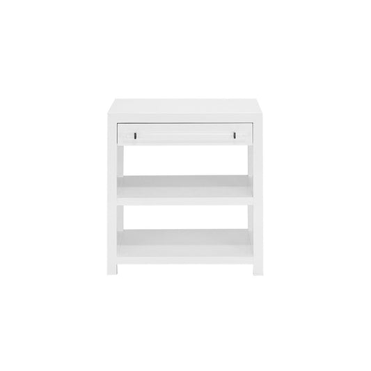Kennedy Side Table Glossy White Lacquer | Acrylic & Nickel. Front view.