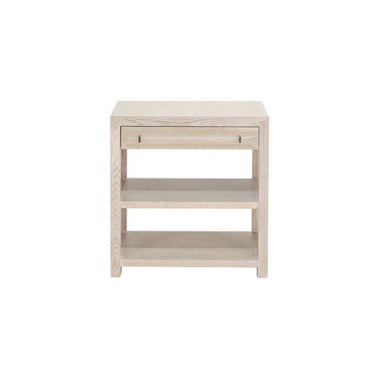 Kennedy Side Table Cerused Oak | Acrylic & Nickel. Front view.