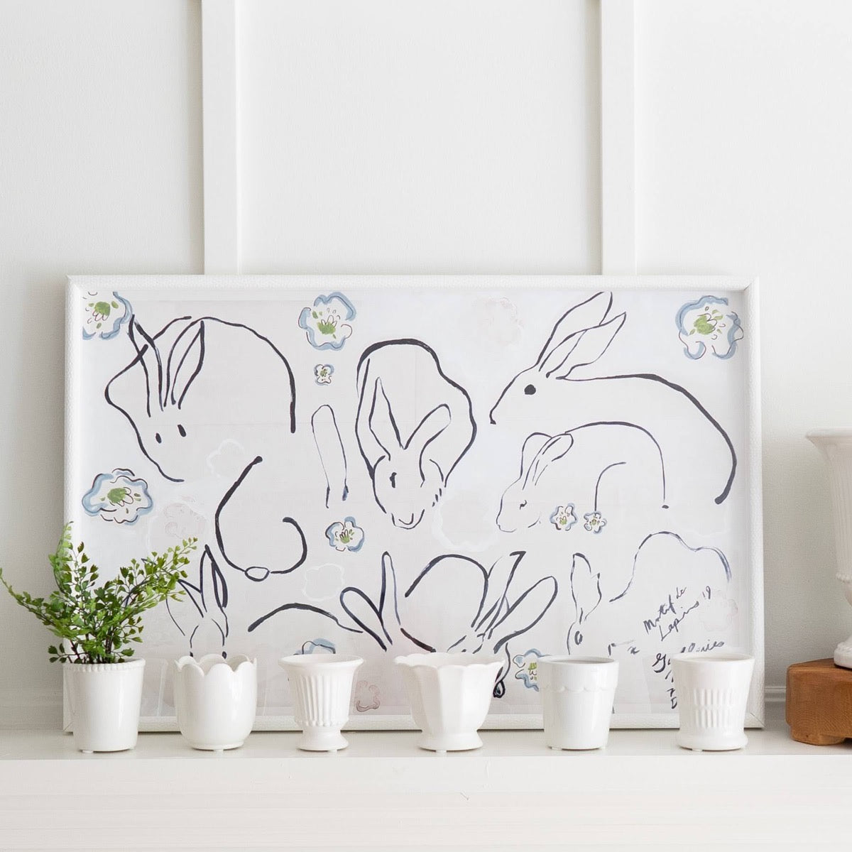 Lapins Bunny styled with white pots. Styled view.