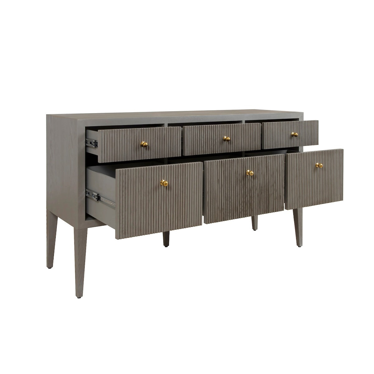 Lenore Dresser drawers open Smoke Grey Oak. Front view.