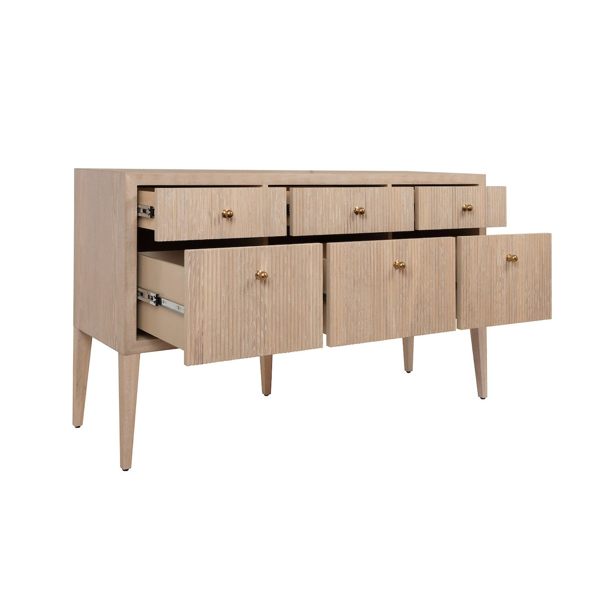Lenore Dresser drawers open Cerused Oak. Front view.