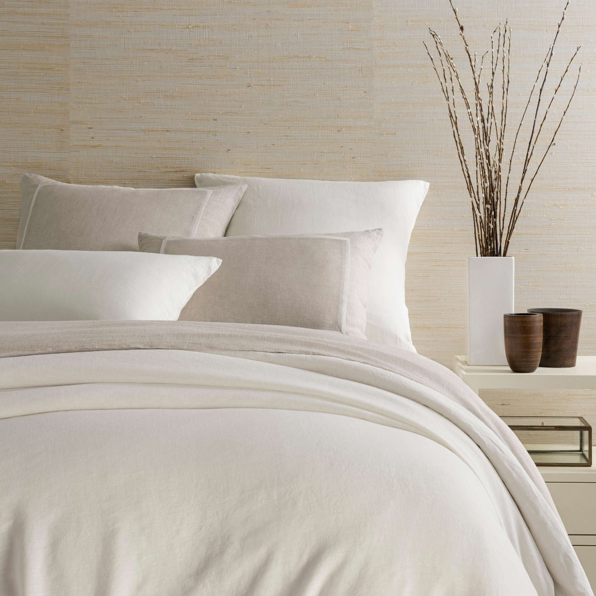 Lush Linen Ivory Duvet Cover styled with neutral bedding. Styled view.