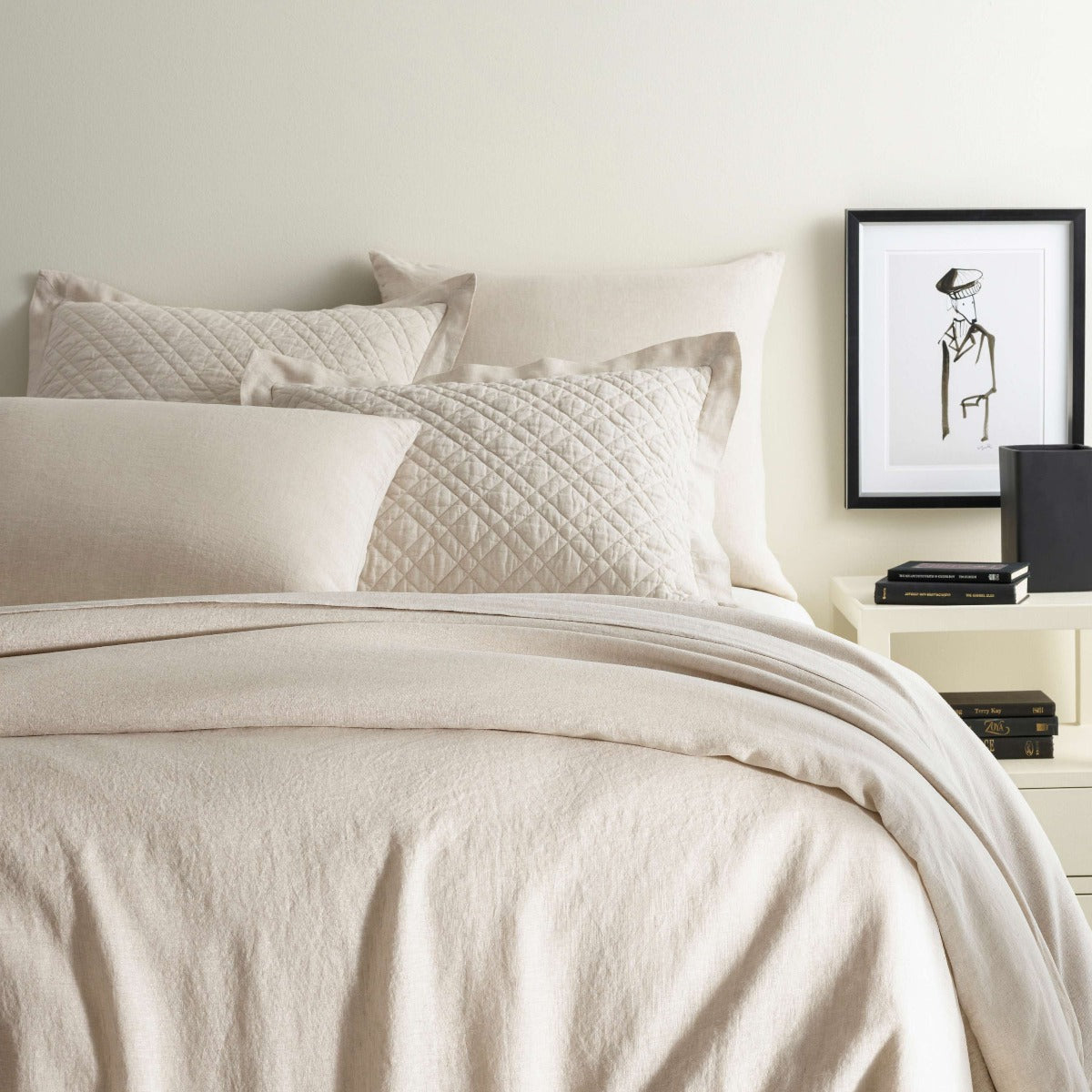 Lush Linen Natural Duvet Cover styled with neutral bedding. Styled view. 
