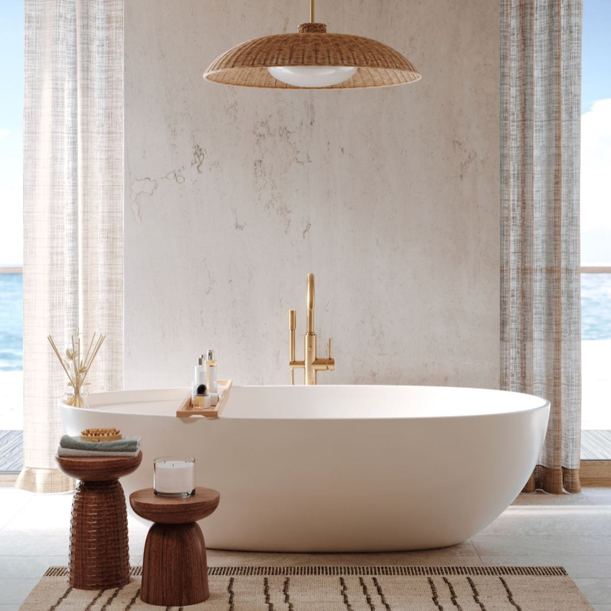 Mateo Pendant - Large styled over a freestanding tub with small wood tables. Styled view.