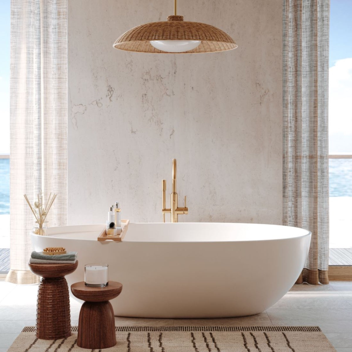Mateo Pendant - Small styled over. free-standing tub. Styled view.