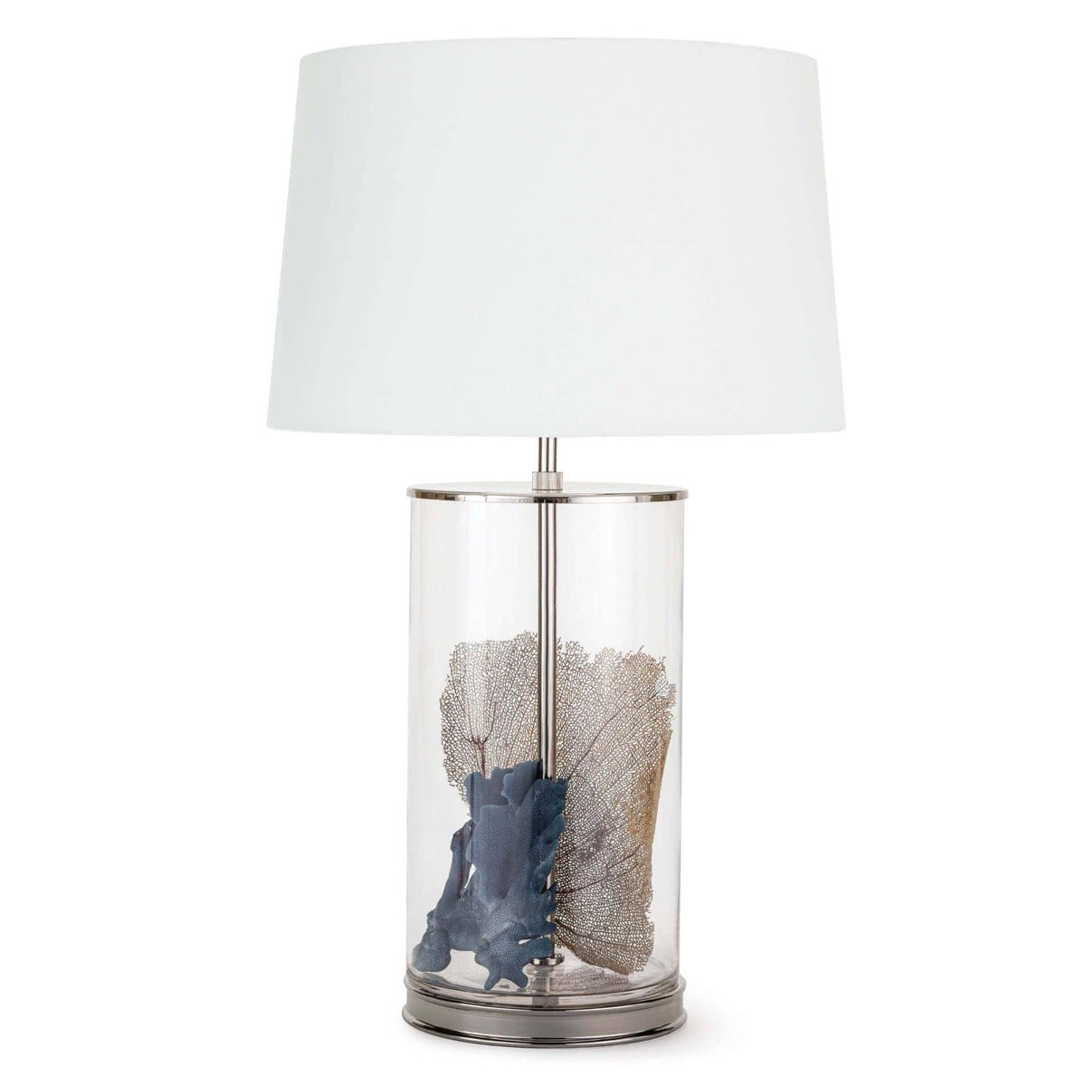 Magelian Glass Table Lamp Polished Nickel styled with corals. Styled view.