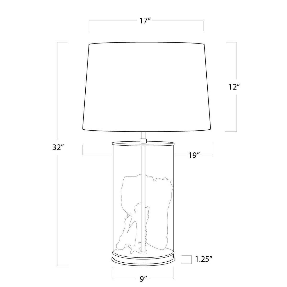 Magelian Glass Table Lamp with dimensions. Dimension view.