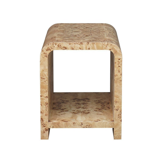 Miller Side Table Matte Burl Wood. Front view.