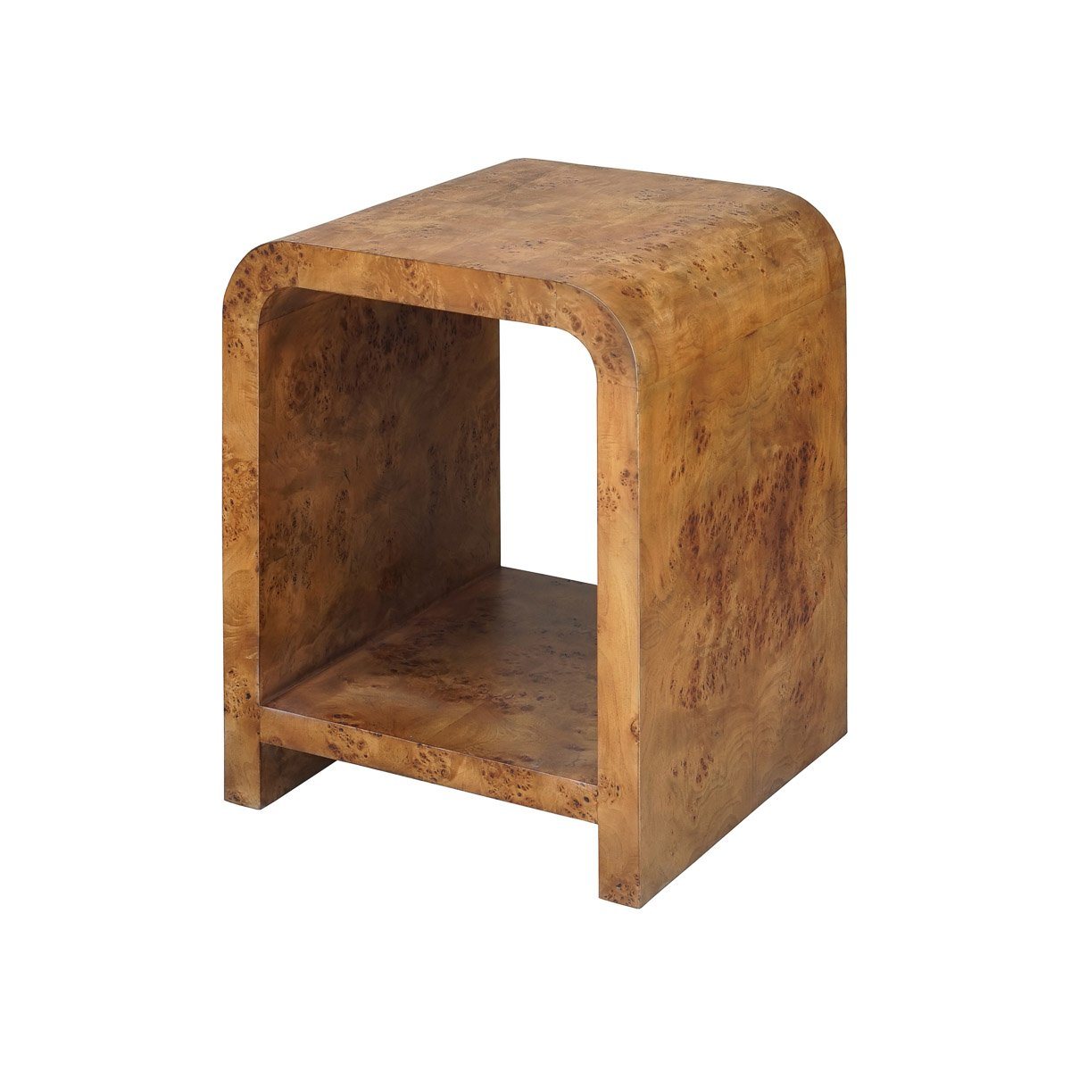 Miller Side Table Matte Dark Burl Wood. Left angle view.