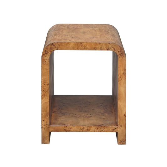 Miller Side Table Matte Dark Burl Wood. Front view.