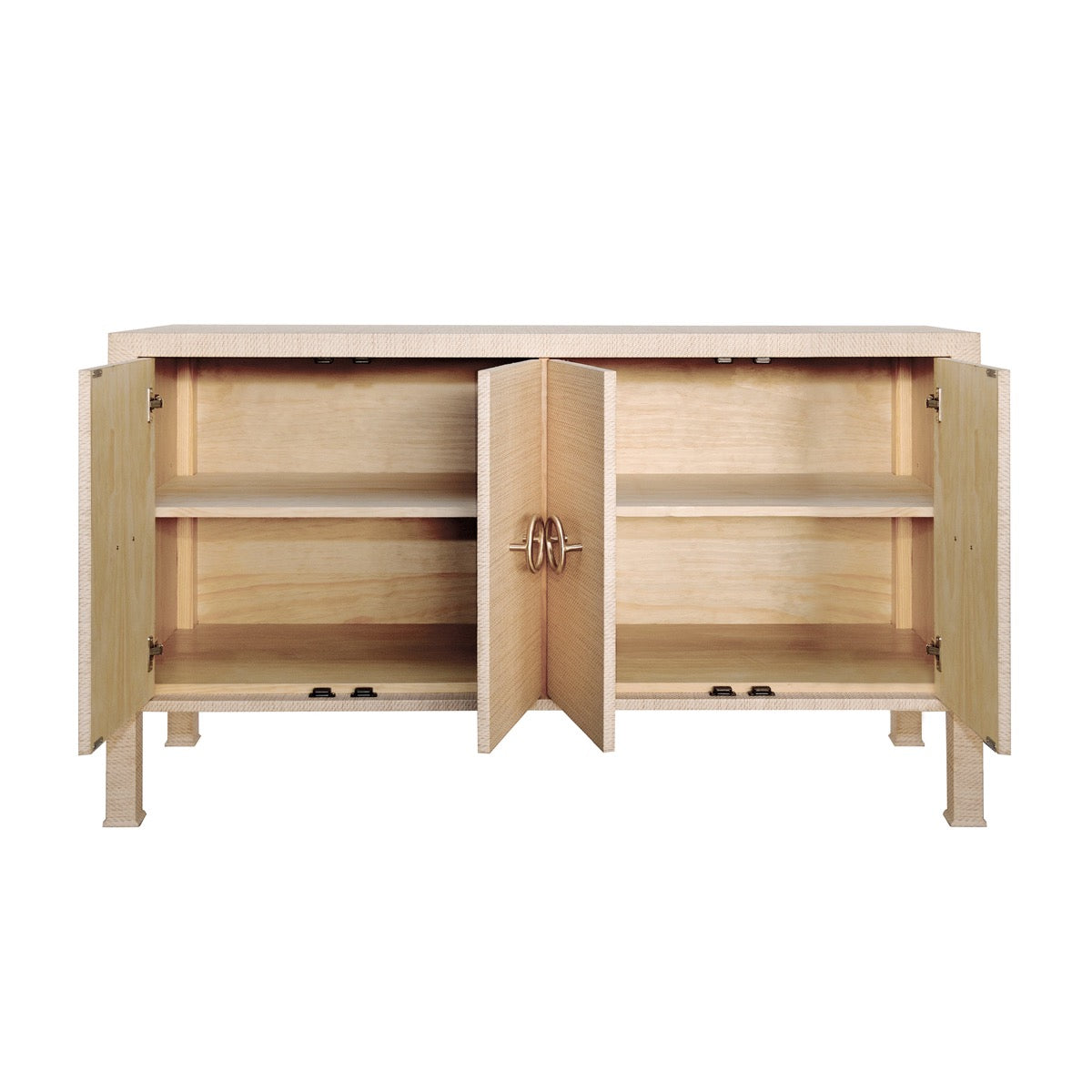 Milo Buffet Cabinet doors open Natural Grasscloth. Front view.