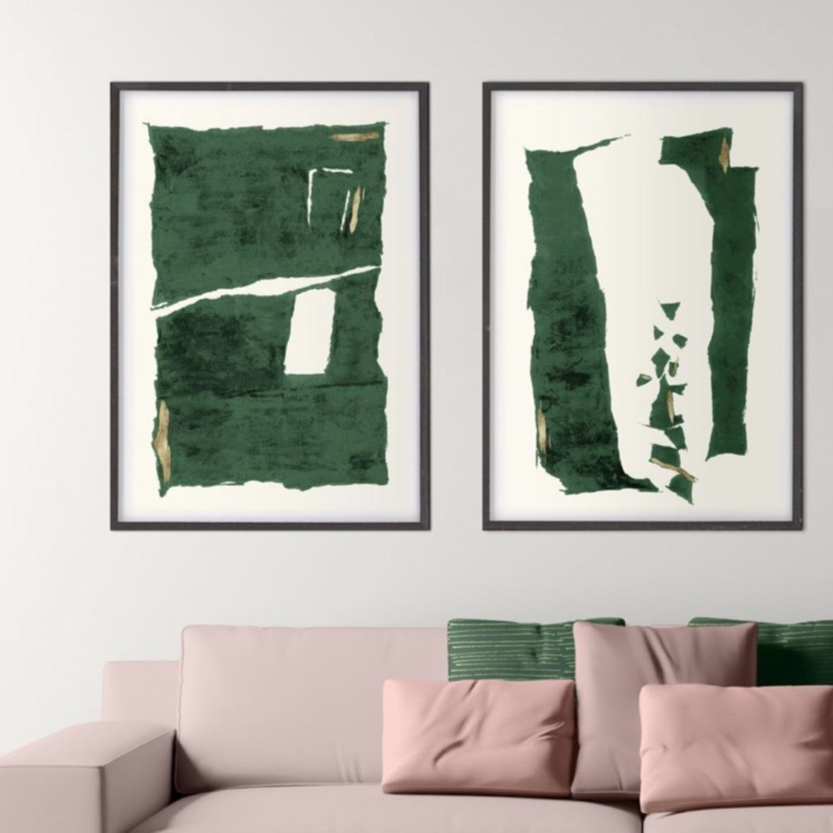 Monolith Rendition I - Emerald styled behind a pink couch. Styled view.