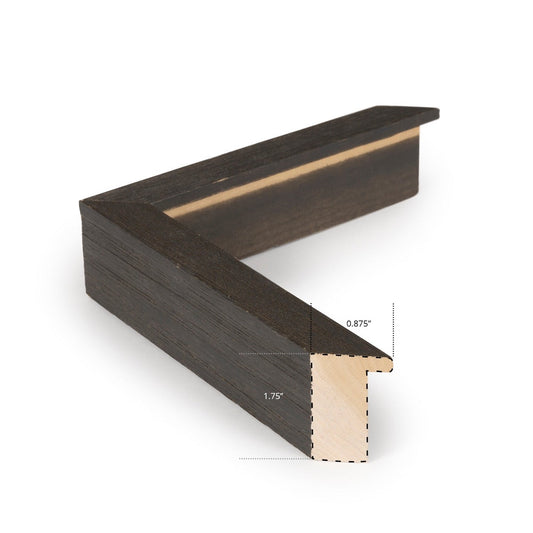 Dark wood frame. 0.875" wide. 1.75" thick. Close-up detail view.