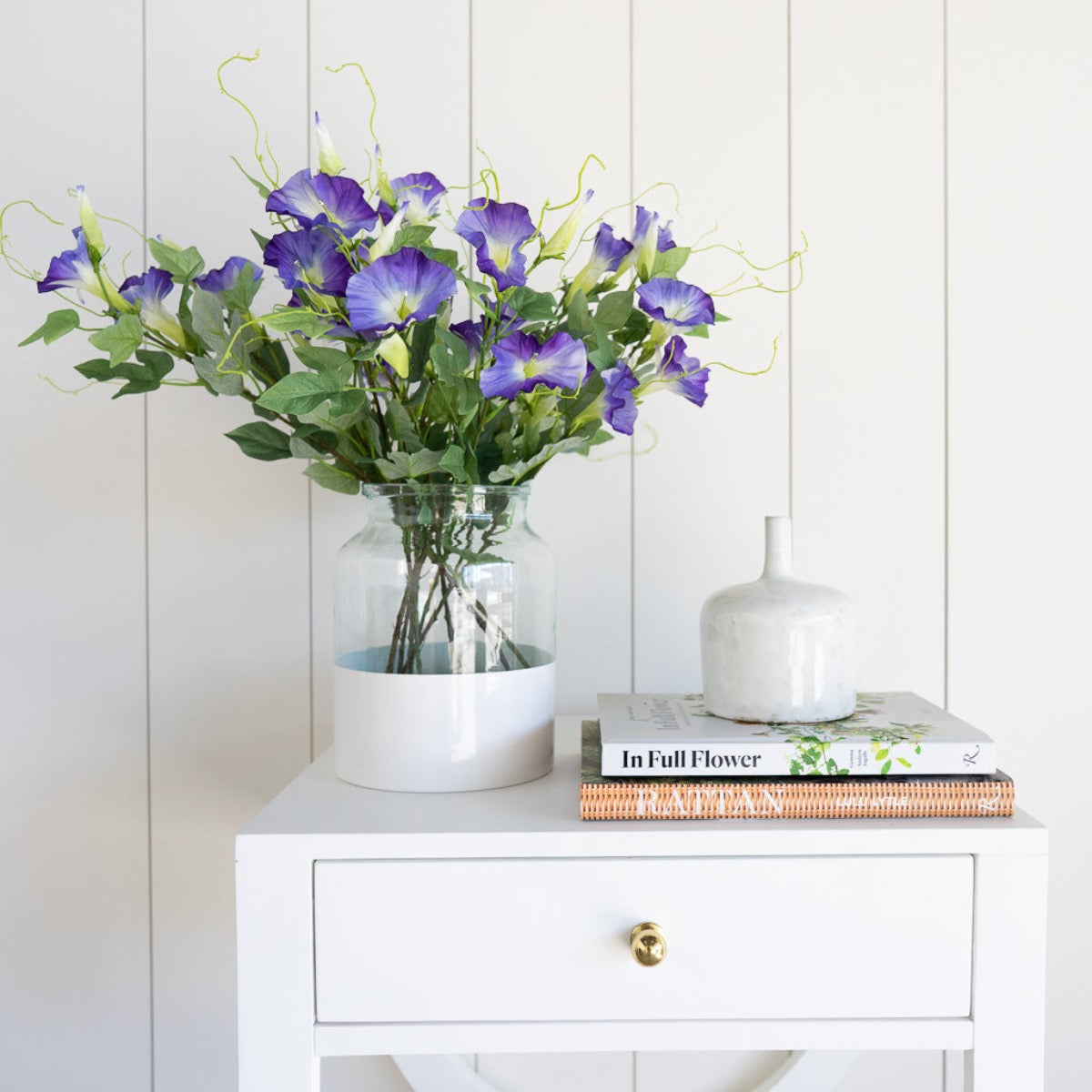 Paige Side Table styled with vases and greenery. Styled view.