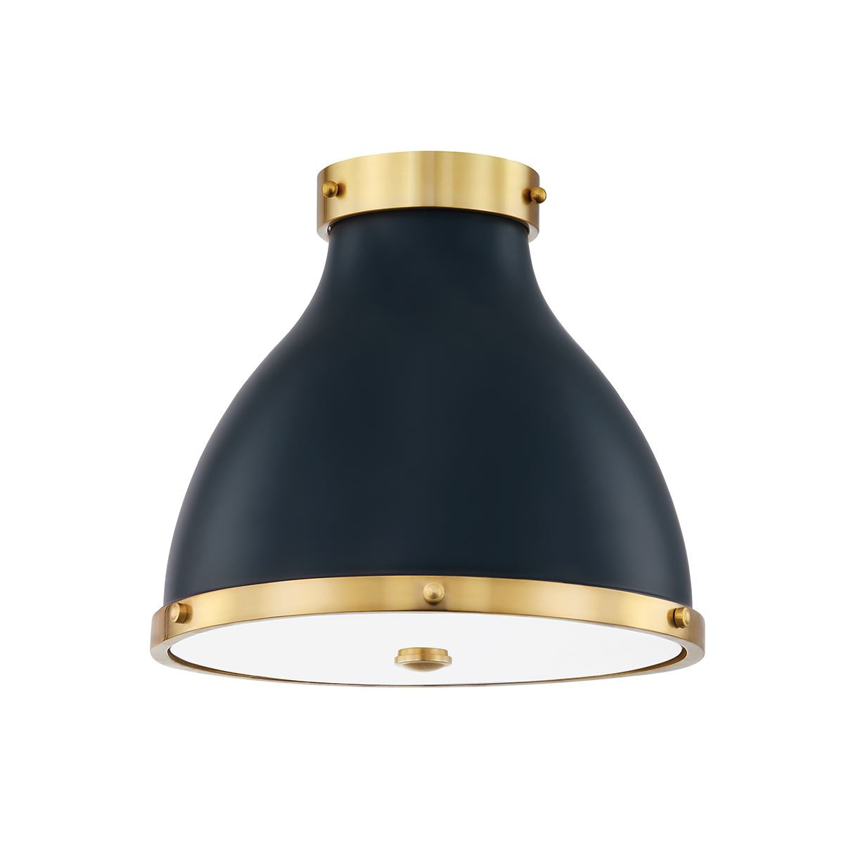 Dylan Flush Mount Aged Brass/Navy. Front view. 