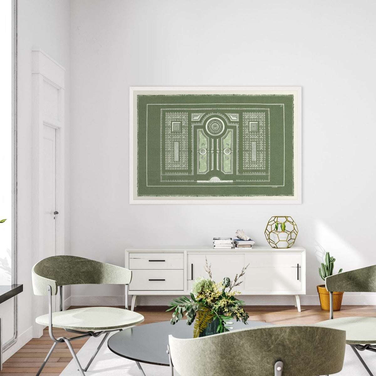 Parterre Classique En Vert IV styled in a white living room. Styled view.