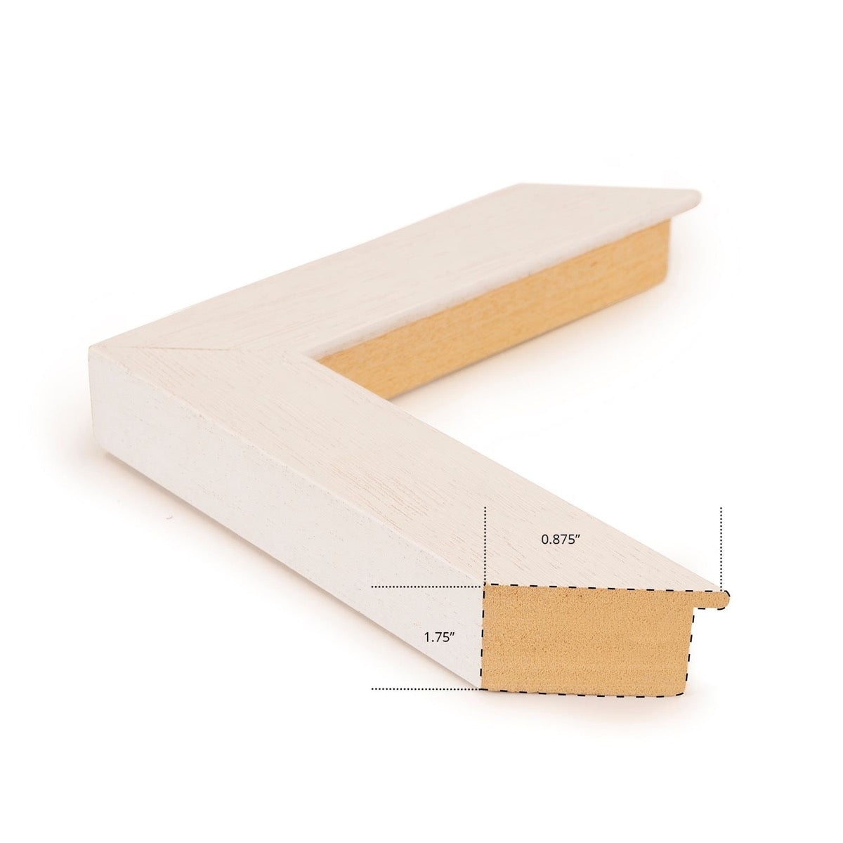 White washed frame. 0.875" wide. 1.75" deep.