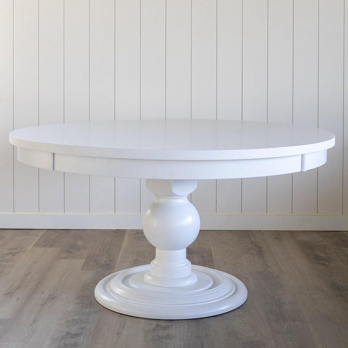 Pedestal Dining Table Dining Tables seats 4: 42" Opaque White. Front view.