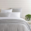 Pick Stitch Grey Matelasse Coverlet styled with white bedding. Styled view.