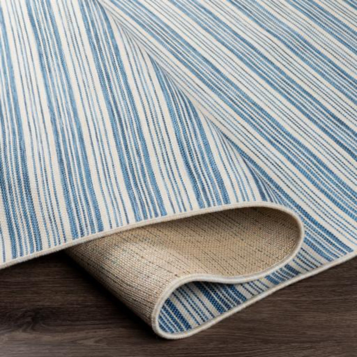 Portland Outdoor Rug - Blue edge detail. Detail view.