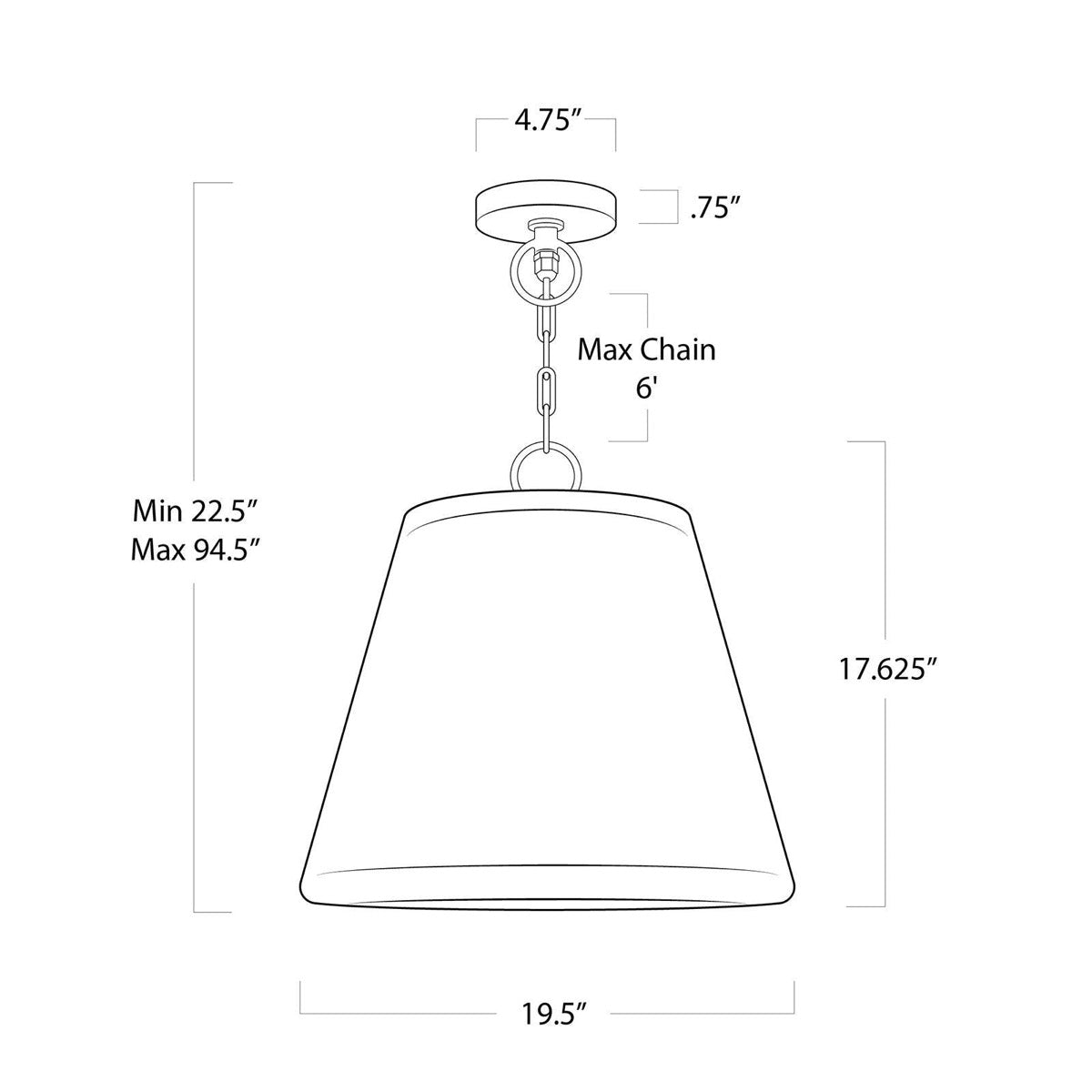 Augustine Outdoor Pendant - Large with dimensions. Dimension view.
