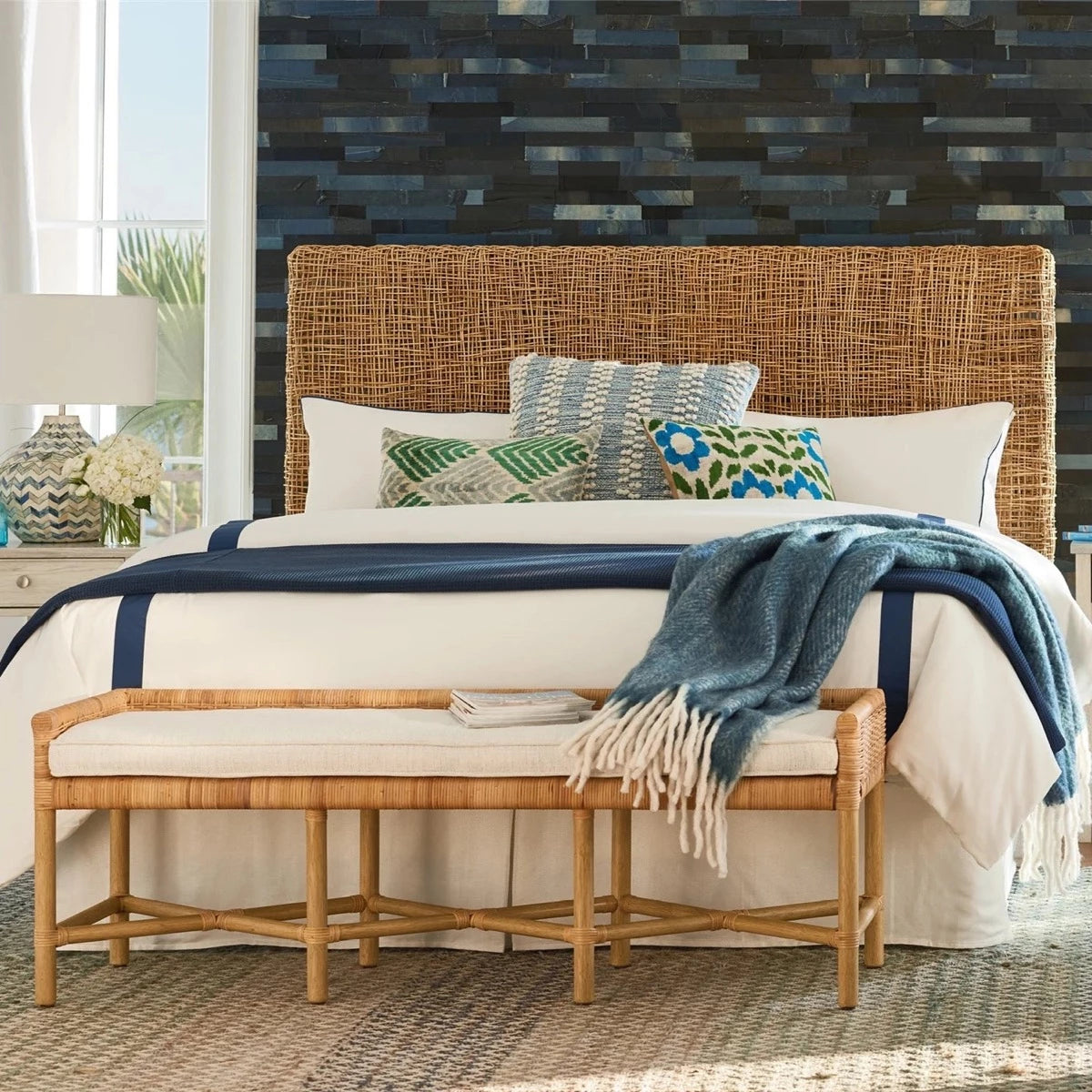 Riviera Queen Headboard styled with side tables, lamps and accent bench. Styled view.