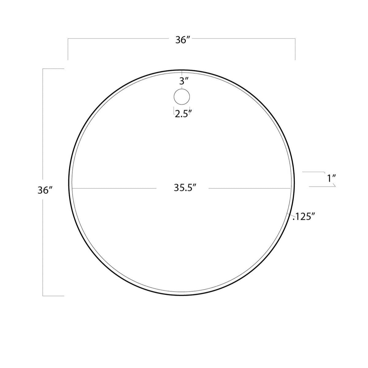 Ruby Circular Mirror with dimensions. Dimension view.