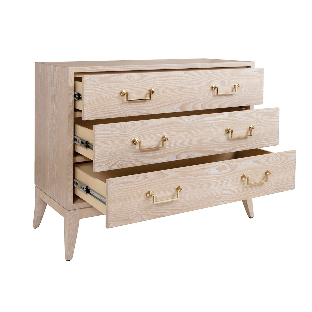 Rue Dresser drawers open Cerused Oak. Right angle view.