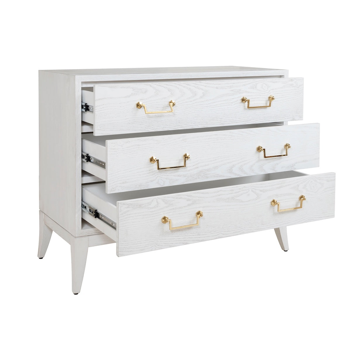 Rue Dresser drawers open White Washed Oak. Right angle view.