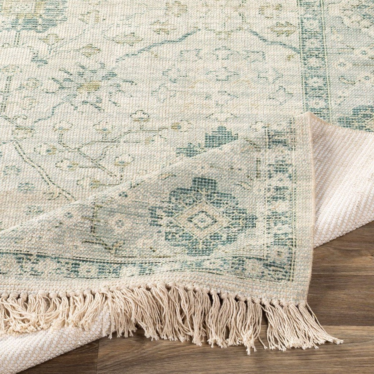 Sage Rug corner detail. Detail view.