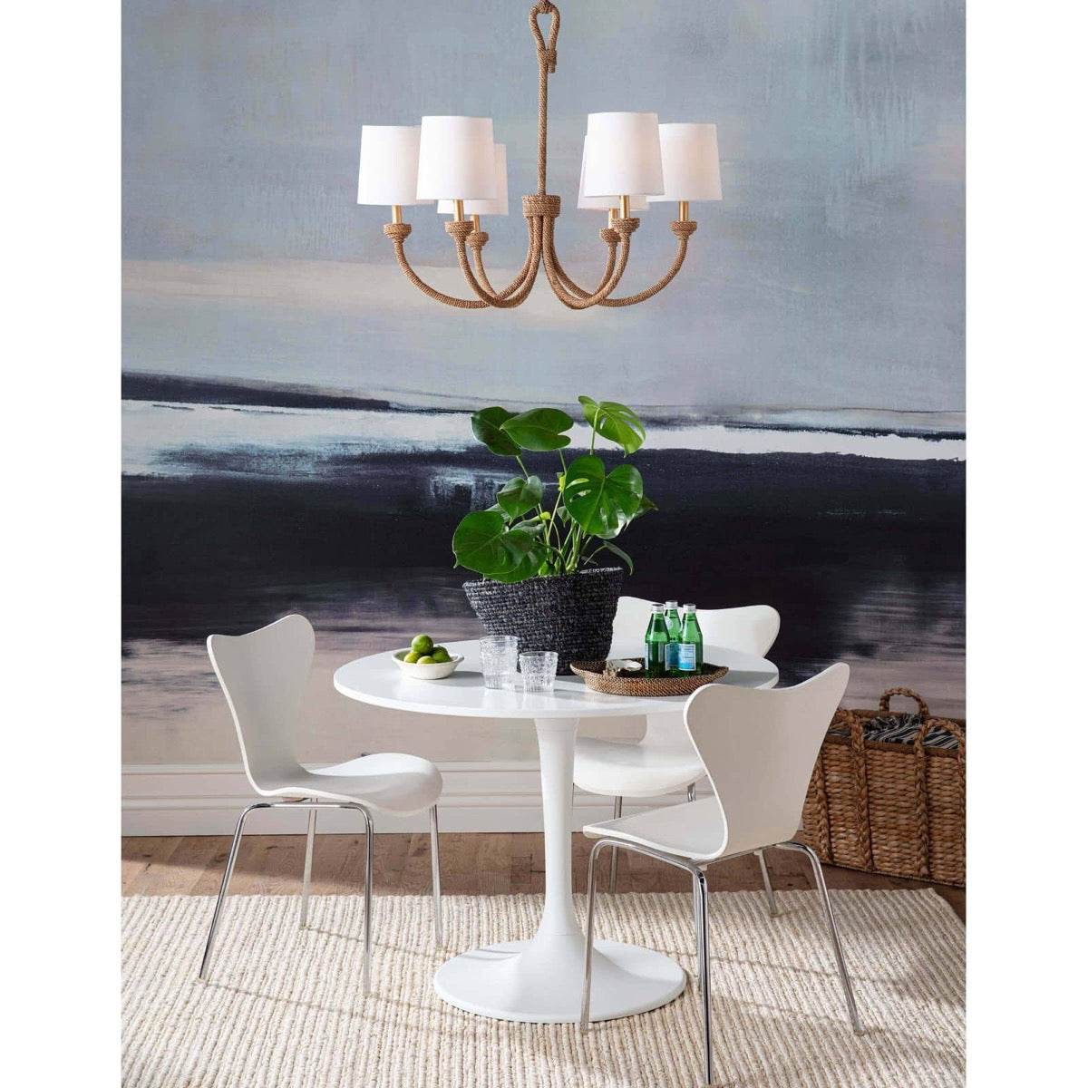 Bimini Chandelier - Small styled above a white table with greenery. Styled view.