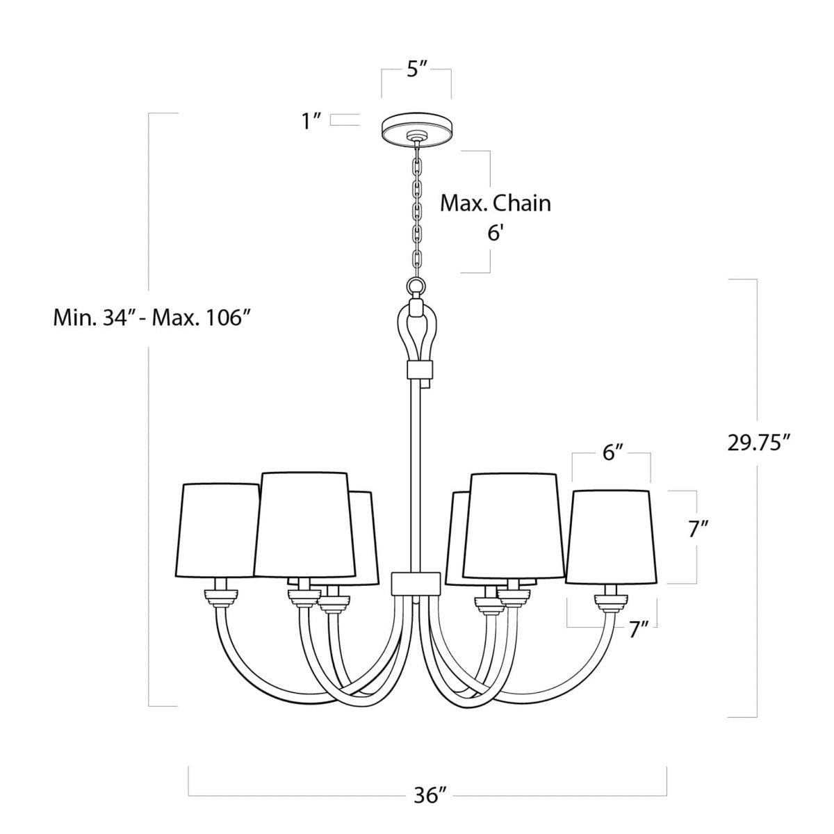 Bimini Chandelier - Small with dimensions. Dimension view.