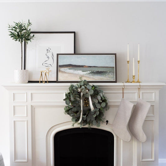 Sandbanks Landscape styled on a white mantel. Styled view.