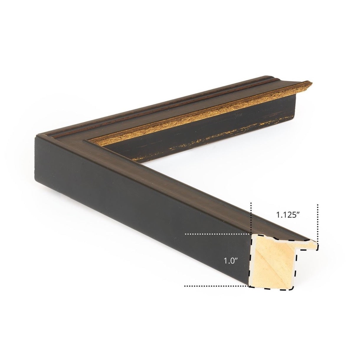 Black frame with gold detail. 1.125" wide. 1" thick. Close-up detail view.